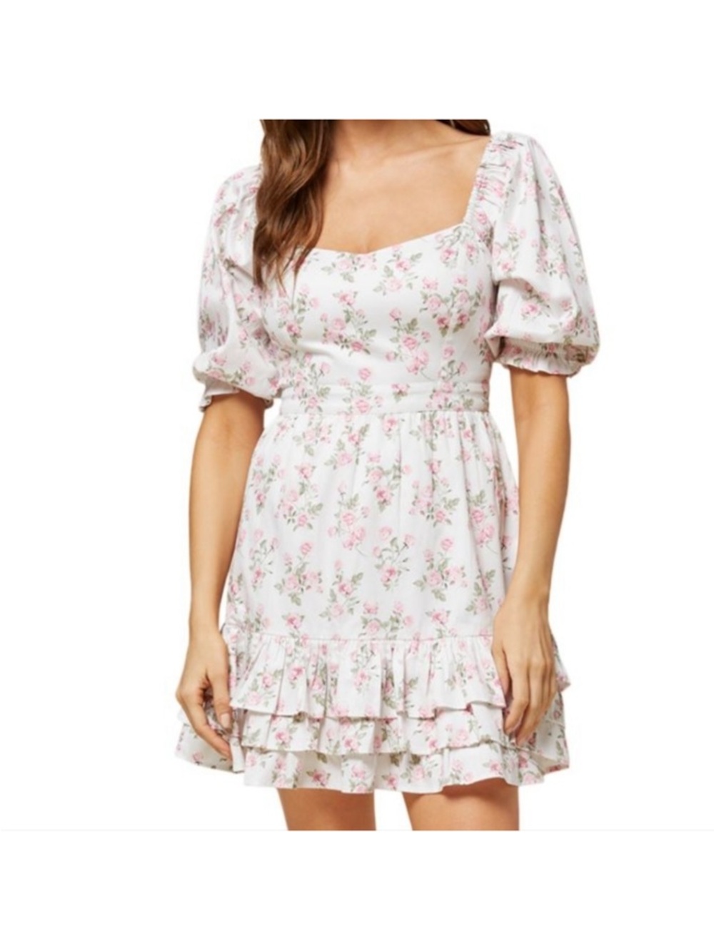 RACHEL PARCELL WOMENS WHITE PUFF SLEEVE SMOCKED MINI DRESS PINK FLORAL MEDIUM